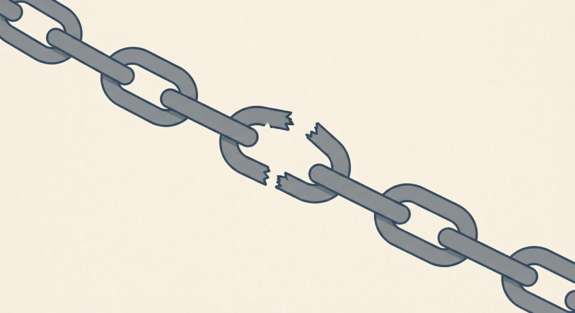 a chain with one broken link on a plain background