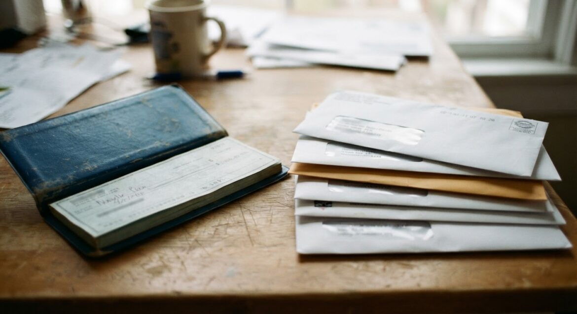 a checkbook and a stack of monthly bill envelopes side by side