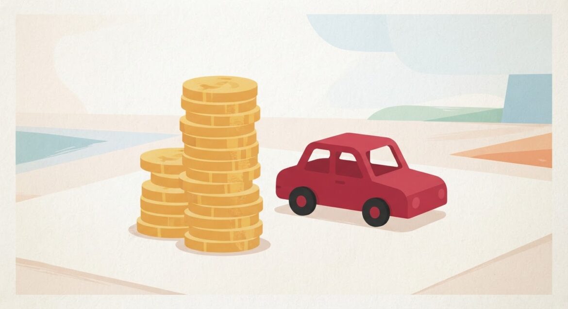 a stack of coins next to a small toy car