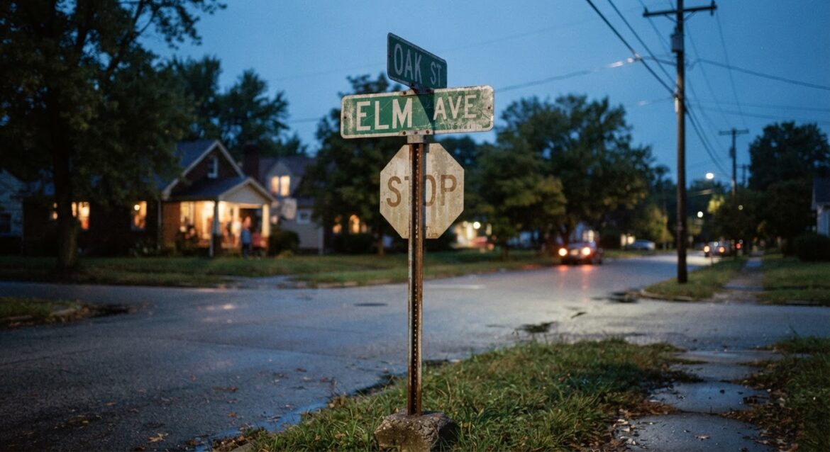 a street sign at a residential intersection at dusk