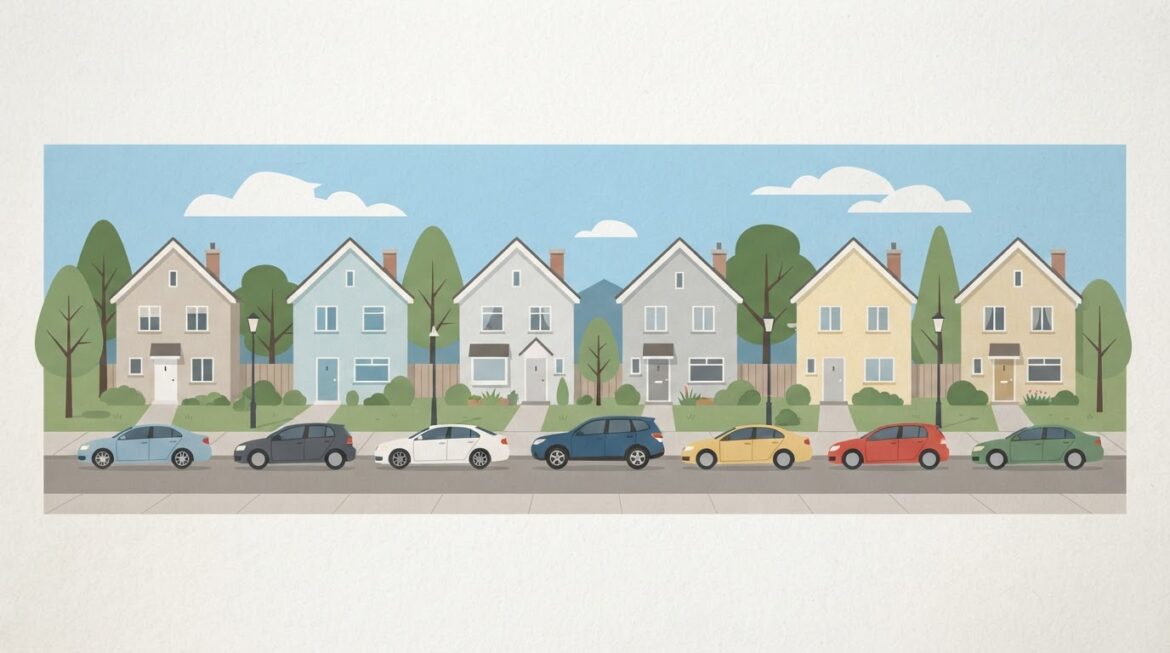 a row of parked cars in front of similar suburban houses